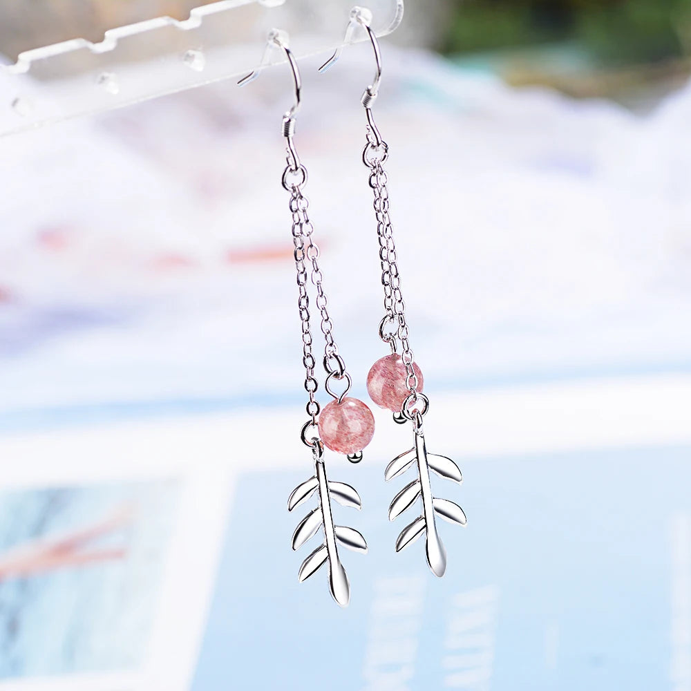 925 stamp silver color Round Beads Strawberry Crystal Tassel Leaves Drop Earrings Pendientes For Women Fine Jewelry