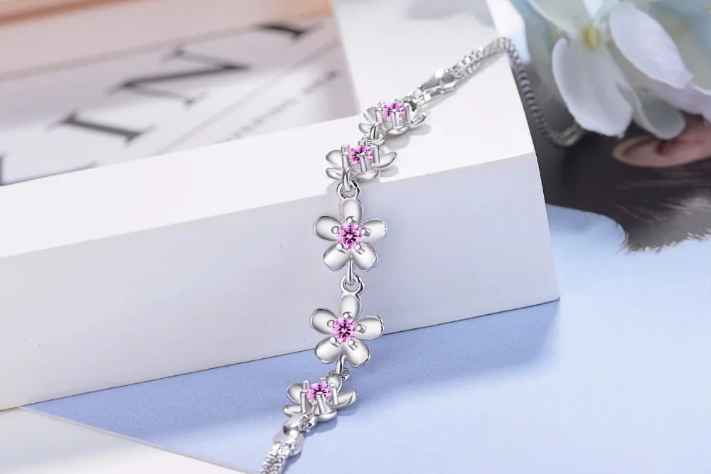 Luxury 925 Sterling Silver Bracelets Purple Zirconia Plum Flower Bracelets & Bangles For Women Pulseira De Prata S-b51