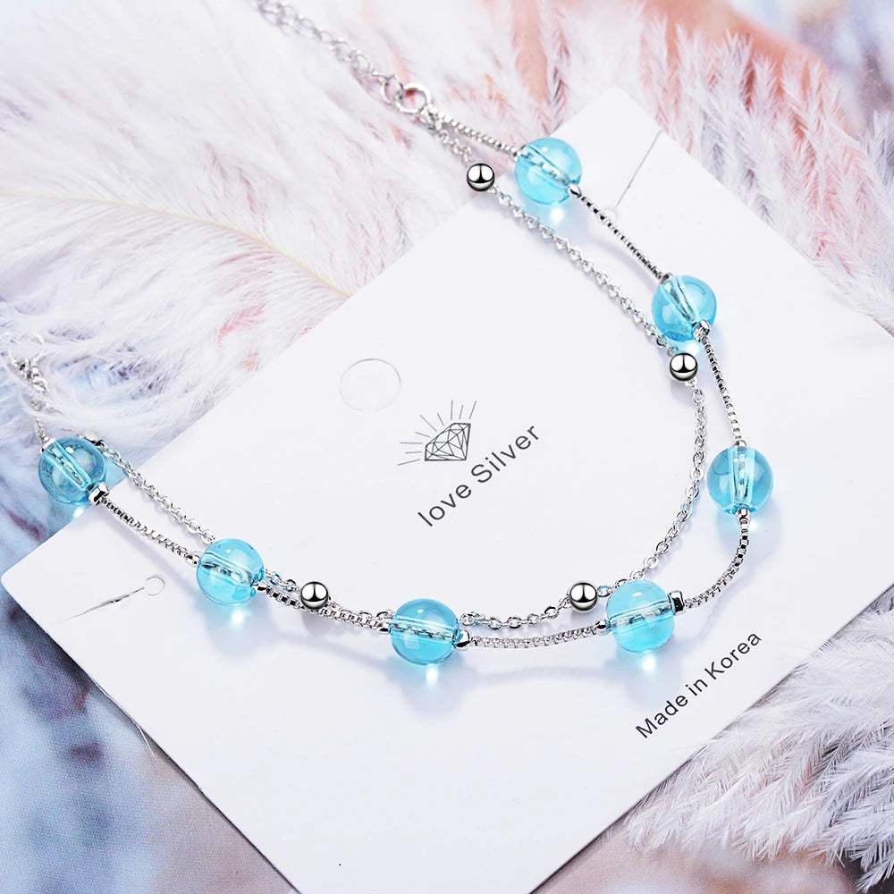 New Fashion Double Layer Blue Crystal 925 Sterling Silver Jewelry Personality Sweet Transfer Beads Bracelets Sb166