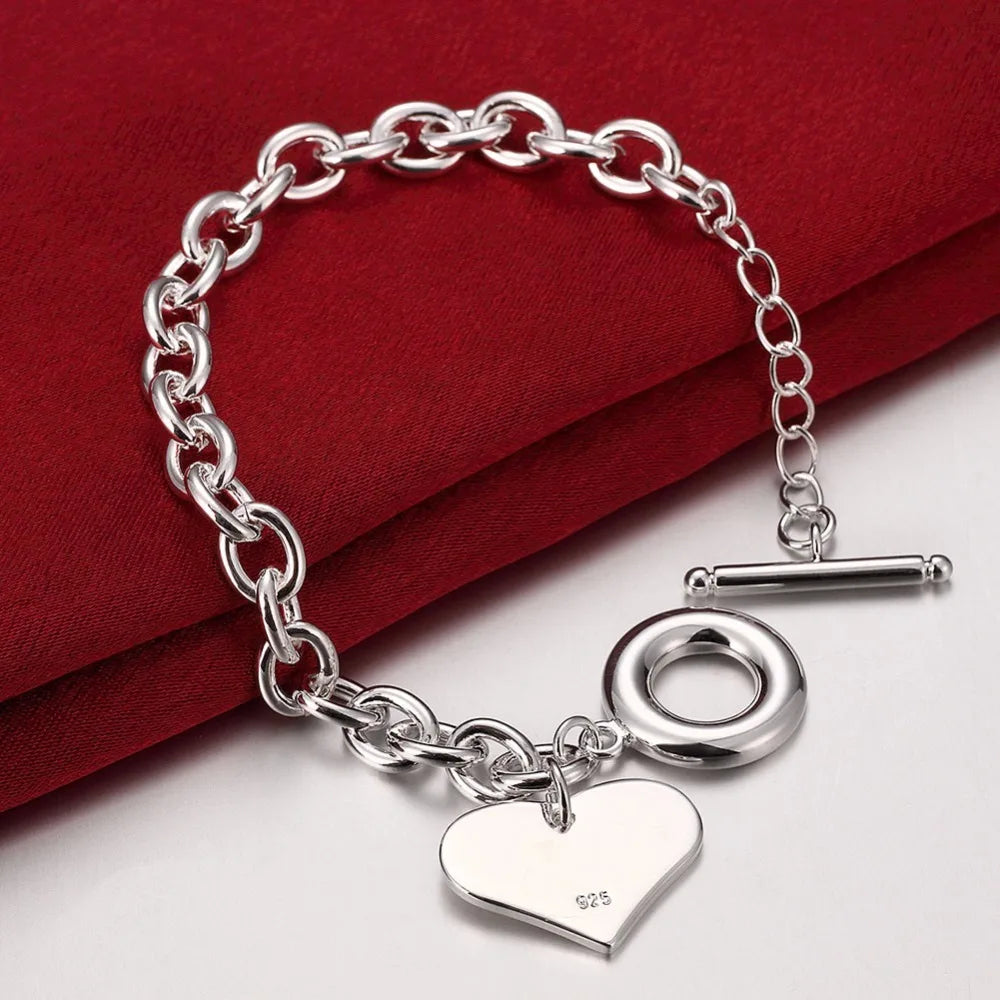 Lekani Fashion Smooth Love Heart Charm Bracelet For Women 925 stamp silver color Bracelets Female Hand Chain Wristband Pulseira