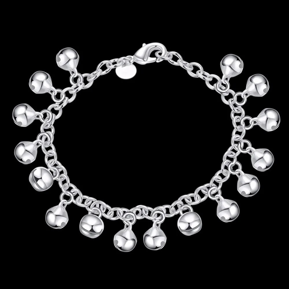 Fine Jewelry Woman's Charm Bracelet 925 stamp silver color Rolo Hand Chain Small Bells Bracelet Bangle For Women Girls