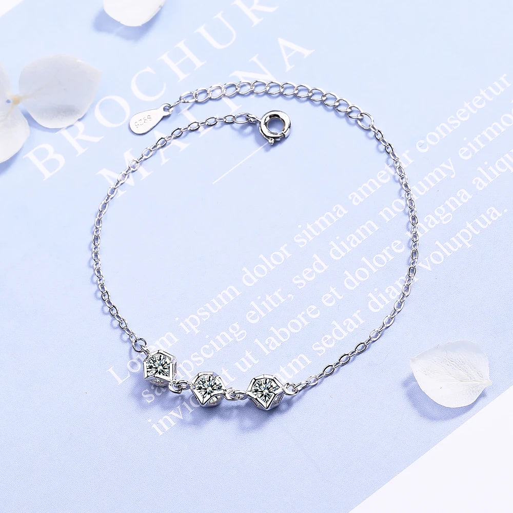 Original 925 Sterling Silver Bracelet For Women Geometric Round Clear Zirconia Crystal Charm Bracelets Fine Jewelry Gift