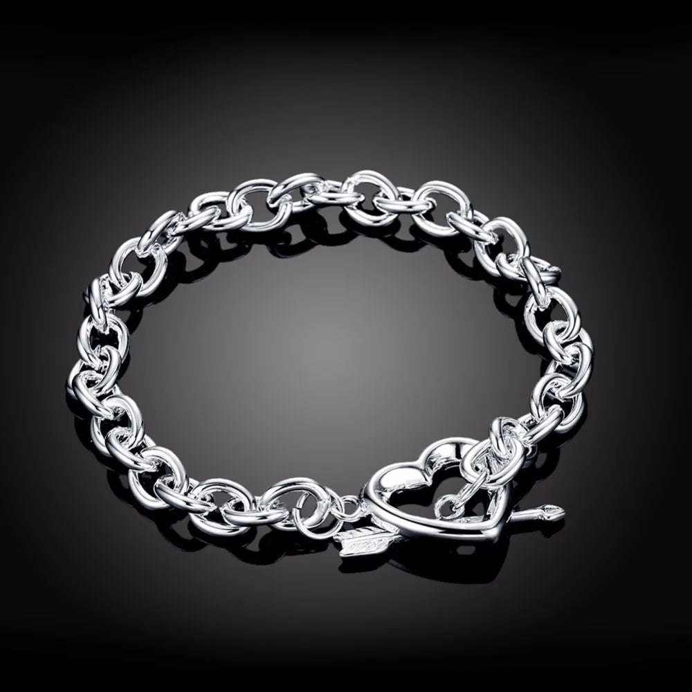 Lekani Free Shipping Unisex Heart Arrow Bracelets 925 stamp silver color Men Women Cuff Bracelet Pulseiras Bijoux Joyas De Plata