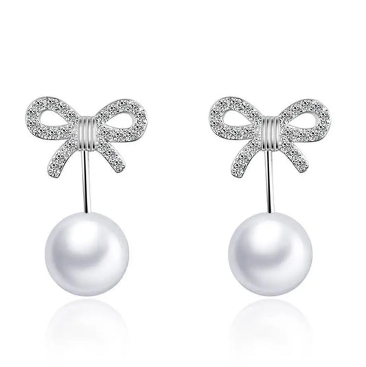 Newest Style Free Shipping Fashion Sterling Silver 925 Crystal Bowknot Pearl Stud Earrings Jewelry Pendientes Brincos