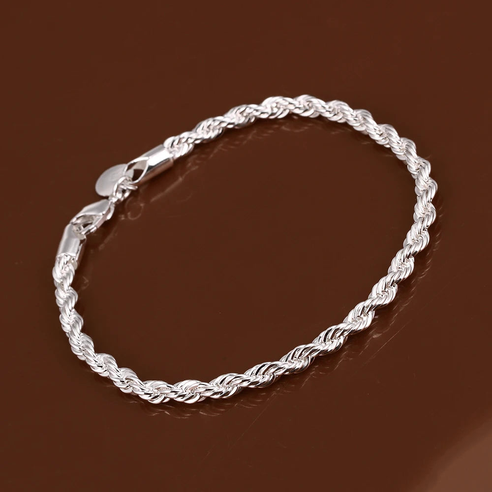 925 stamp silver color Fine Jewelry For Women And Men 4mm Chain Charm Flash Twisted Rope Bracelet Pulseiras De Prata Jewelry