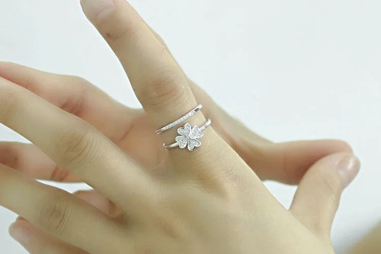 925 Sterling Silver Rings For Women Mosaic Cz Zirconia Lucky Four Leaf Clover Multi-layer Resizable Rings Bague S-r193