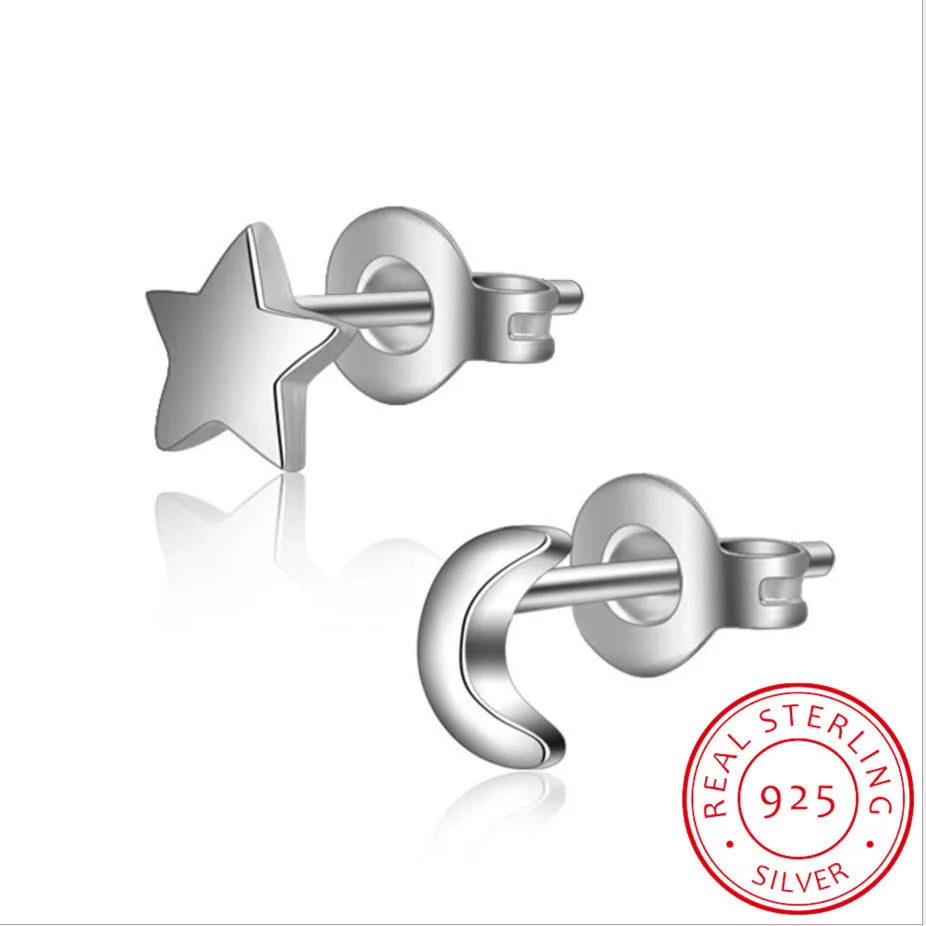 925 silver needle Simple Cut Earrings Moon Star Asymmetrical Small Stud Earrings For Women Jewelry Wholesale S-e148