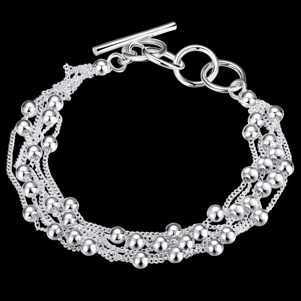 Hot Sale 925 stamp silver color Fine Jewelry Fashion Six Line Light Beads Bracelet Bangle Pulseiras De Prata For Women Gift