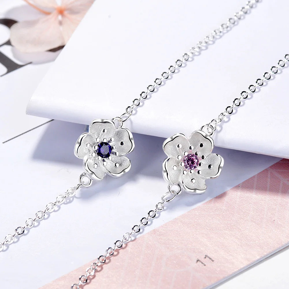 925 Silver Female Models Flower Bracelets Clear Austria Crystal Plum Blossom Design Charm Link Chain Jewelry For Women Lady Gift