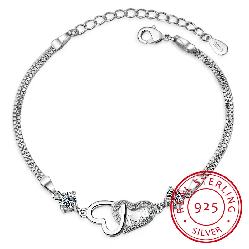 925 Sterling Silver Eternal Love Heart Zirconia Double Layer Chain Bracelet For Women Pulseira Feminina S-b47