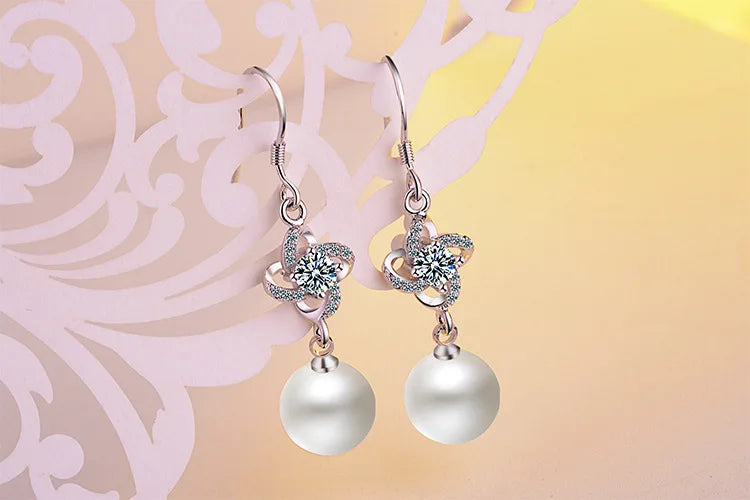 2019 925 stamp silver color Clover Drop Earrings Pearl Crystal Flower Long Drop Earrings For Women Free Shipping Brincos