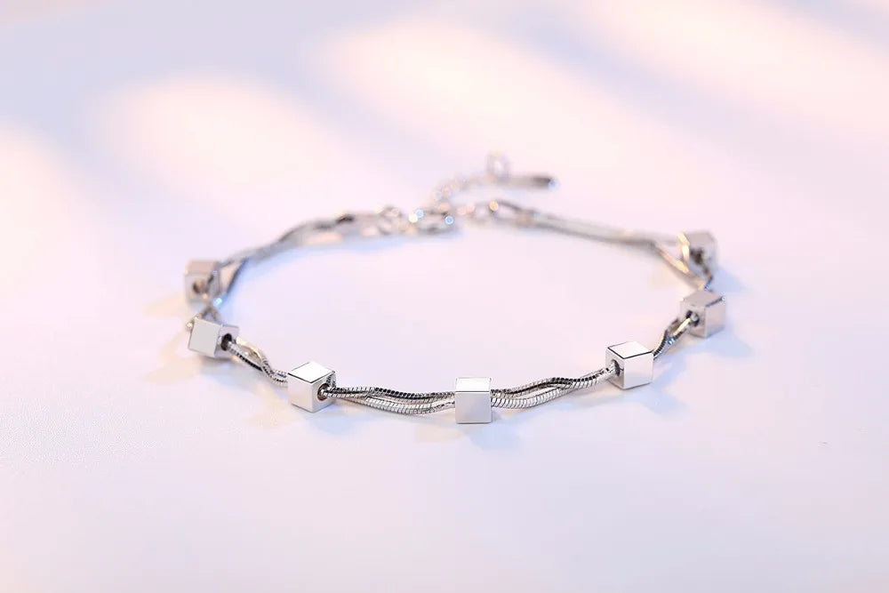 925 Sterling Silver Bracelet Square Box Star Double Chain Adjustable Bracelet Anklet For Women Pulseira S-b167