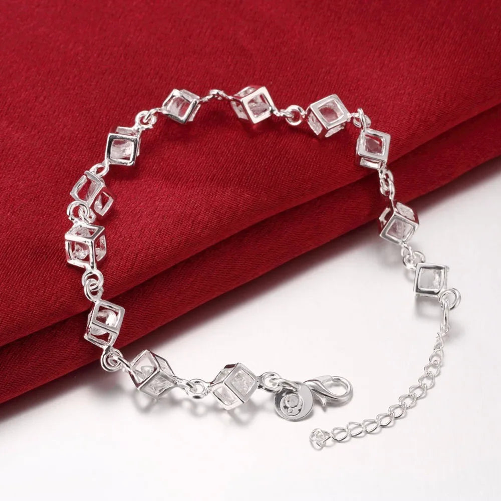 Lekani  New Luxury Austrian Crystal Cubes Bracelet For Women 925 stamp silver color Fine Jewelry Charm Bijoux Bracelets