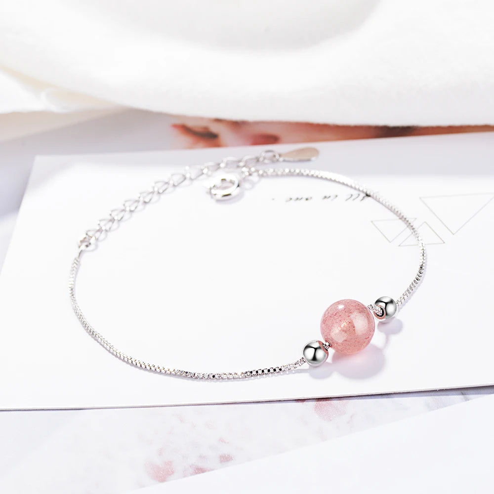 Simple Fashion Natural Strawberry Crystal Lucky Bead Bracelet For Women Girl Gift 925 Sterling Silver Baraclet S-b192