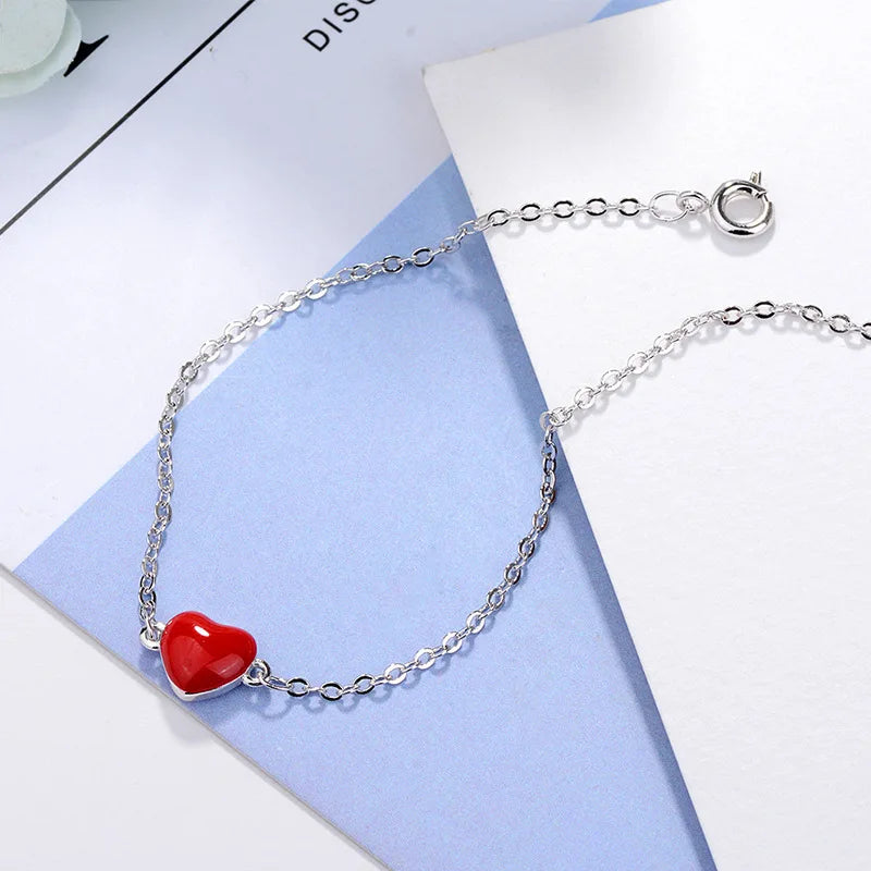 925 sterling silver anklet halhal on foot leg Korean fashion red love ankle peach heart Bracelet for women cute jewelry