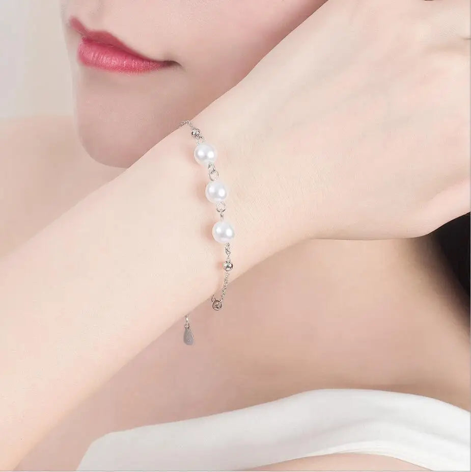 925 Sterling Silver Charm Bracelet for Women Silver Beads Chain with Pearl Adjustable Bracelet Fine Jewelry Friendship Gift