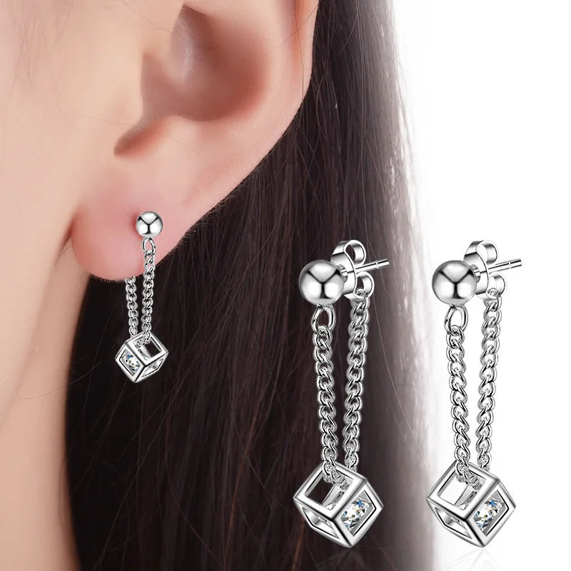 925 silver needle fashion shiny crystal cube square ladies`stud earrings female jewelry women Christmas gift drop shipping