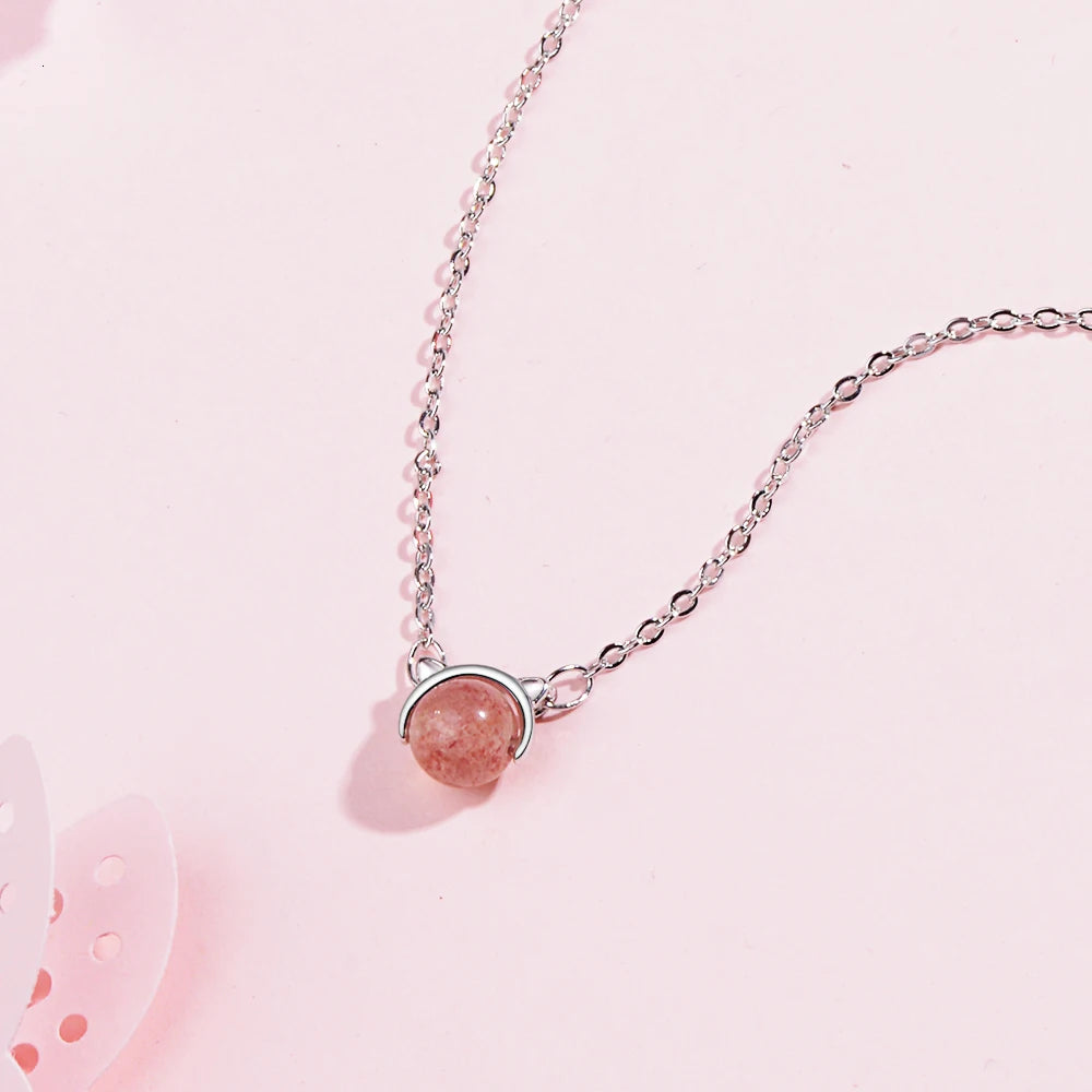 Sweet Style Silver Strawberry Crystal Cat Necklaces 925 Pink Natural Stone Cat Pendants For Women Fine Jewelry