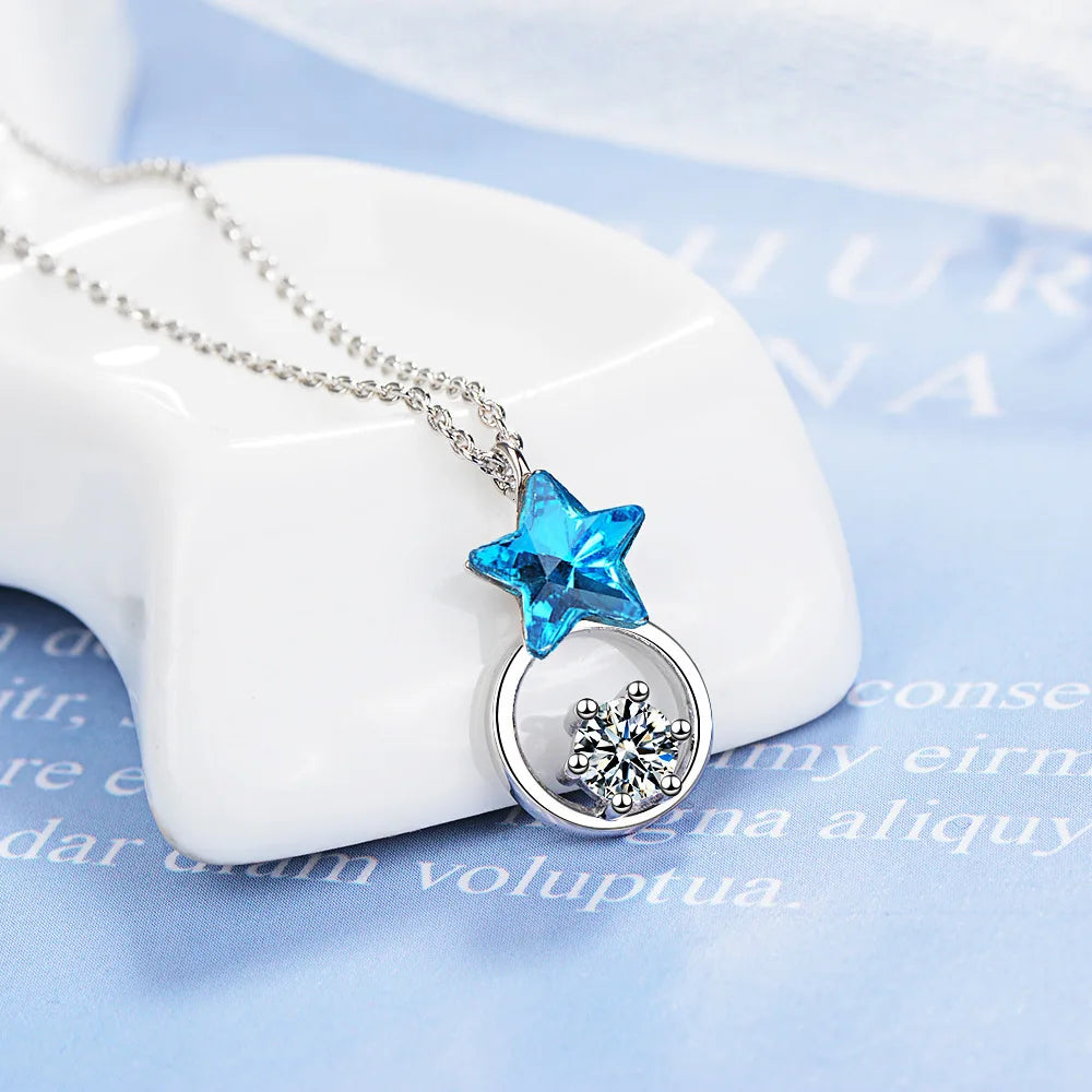 Simple Blue Star Single Aaa Zirconia Pendant 925 Sterling Silver Necklace For Women Chain Choker Collier S-n348