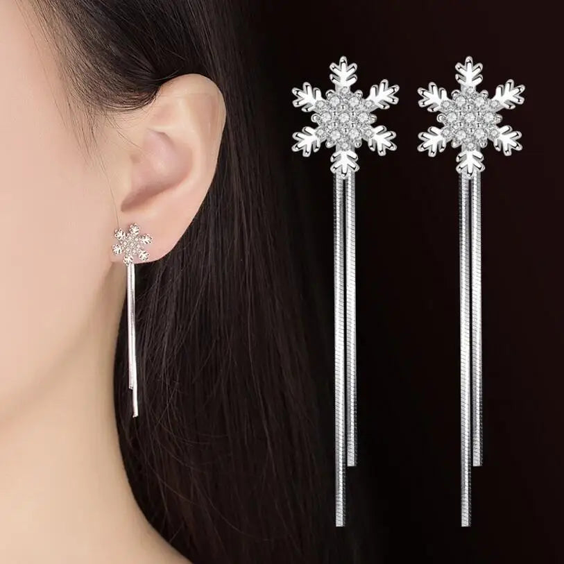 925 stamp silver color Drop Earrings For Women Zirconia Snowflake Long Tassel Earrings pendant earrings S-E415