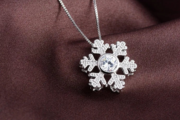 100% Real Pure New 925 Sterling Silver Zirconia Snowflake Necklaces Pendants for Women Wedding Jewelry Kolye Collares