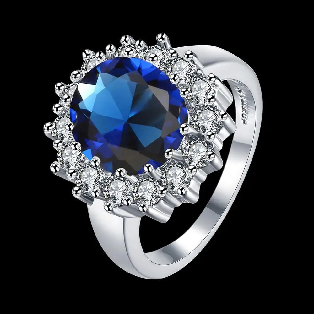 Created Blue Sapphire Ring Princess Crown Halo Engagement Wedding Rings 925 Sterling Silver Rings For Women 2019