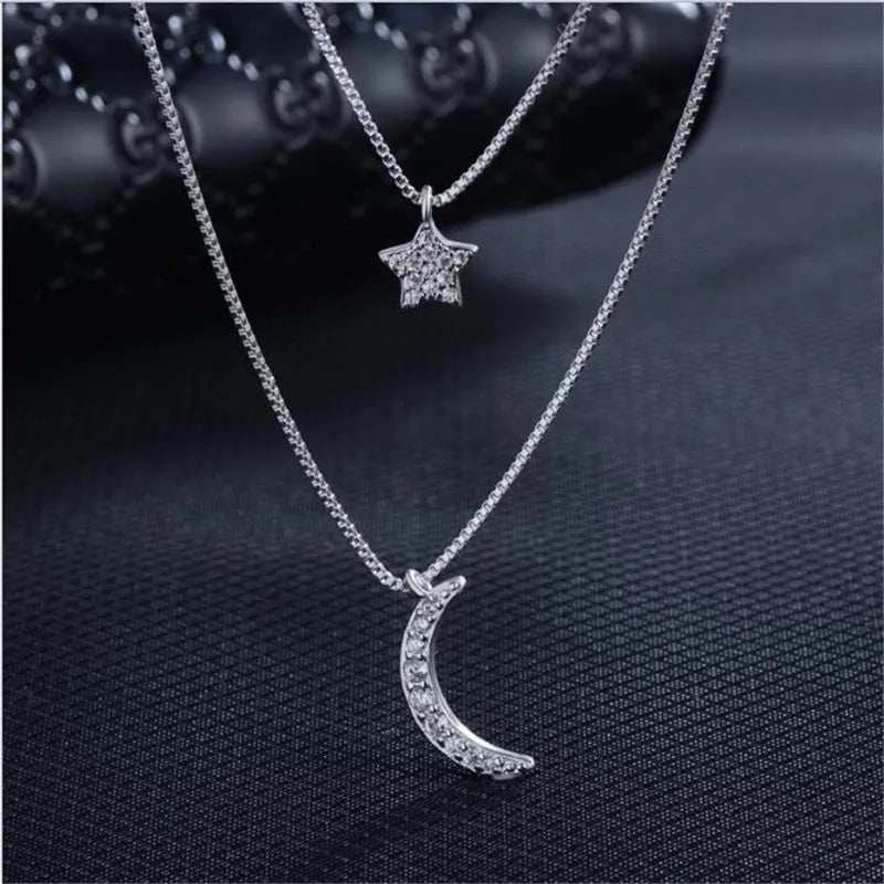 Double-layer Zirconia Moon Star 925 Sterling Silver Necklaces For Women Short Chain Choker De Prata Gift S-n389