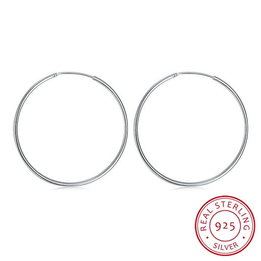 100% 925 stamp silver color Hoop Earring For Women 50mm 60mm Round Circle Loop Simple Woman Silver Hoop Earrings