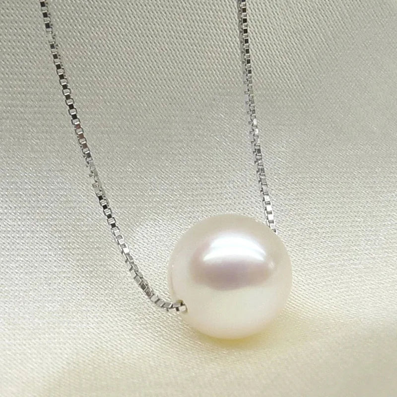 925 Sterling Silver Jewelry Simple Hot Fashion 10mm Real Pearl Chain Necklace Kolye Collares Bijoux Femme S-n55