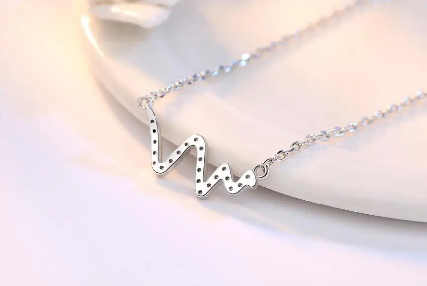 925 Sterling Silver Lightning Crystal Around Wave Heart Chic Ecg Heartbeat Pendant Chain Necklace Choker S-n06