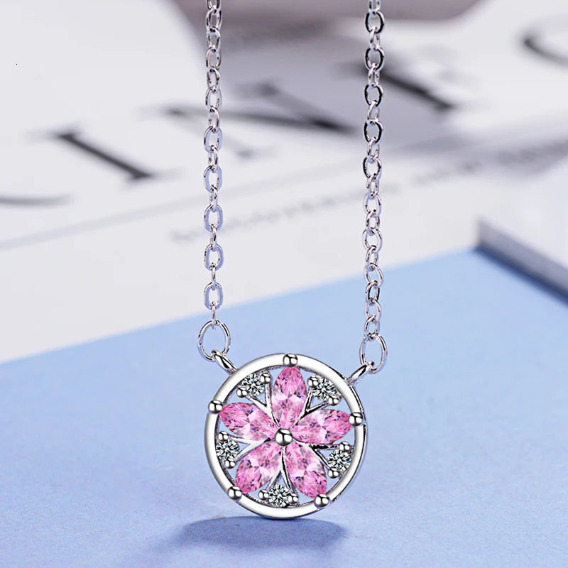 925 Sterling Silver Pink Crystal Cherry Blossom Flower Pendant Necklace For Women Chain Necklce Choker S-n08