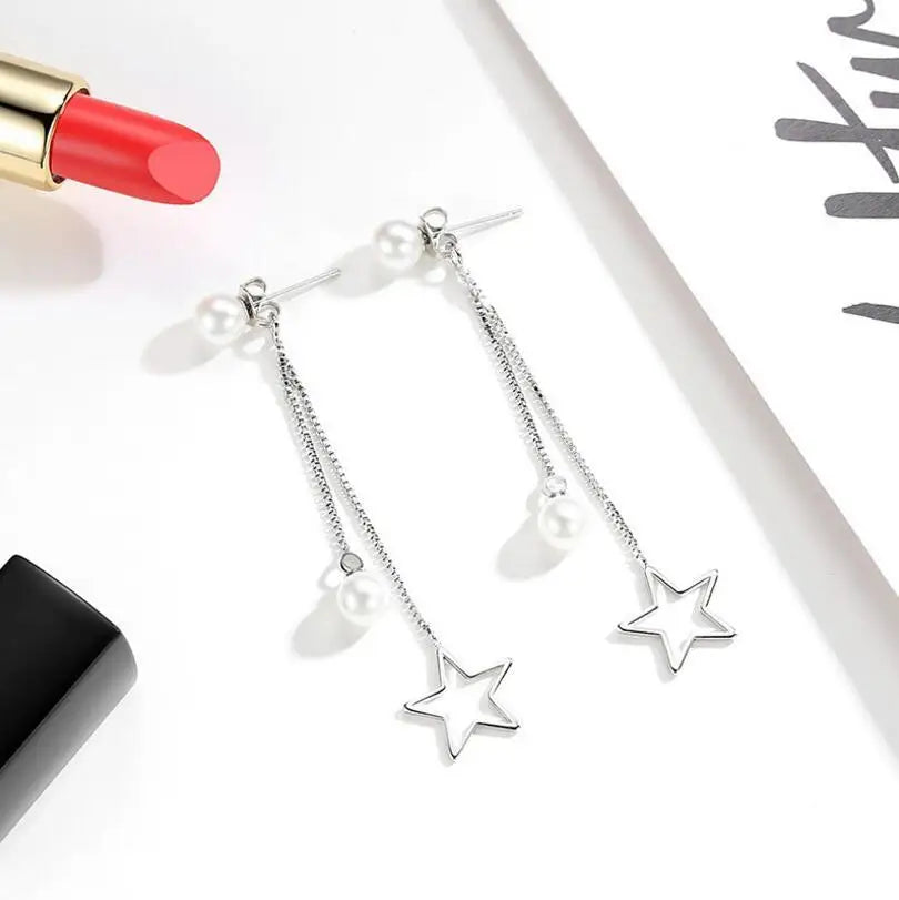 925 silver needle Stud Earrings Pendientes Star Pearl Tassel Earrings for Women Oorbellen Charles