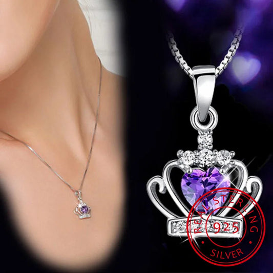 925 Sterling Sliver Necklace Queen Princess Crystal Crown Zirconia Heart Pendant Necklace For Women 45cm Chain S-N98