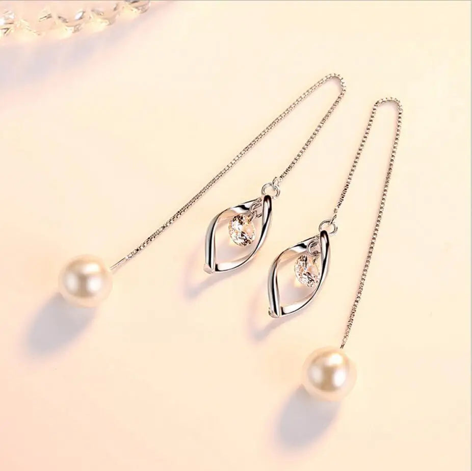 Newest Pendants 925 stamp silver color Twist Zirconia Pearl Long Tassel Ear Line Drop Earrings For Women Earrings S-E311