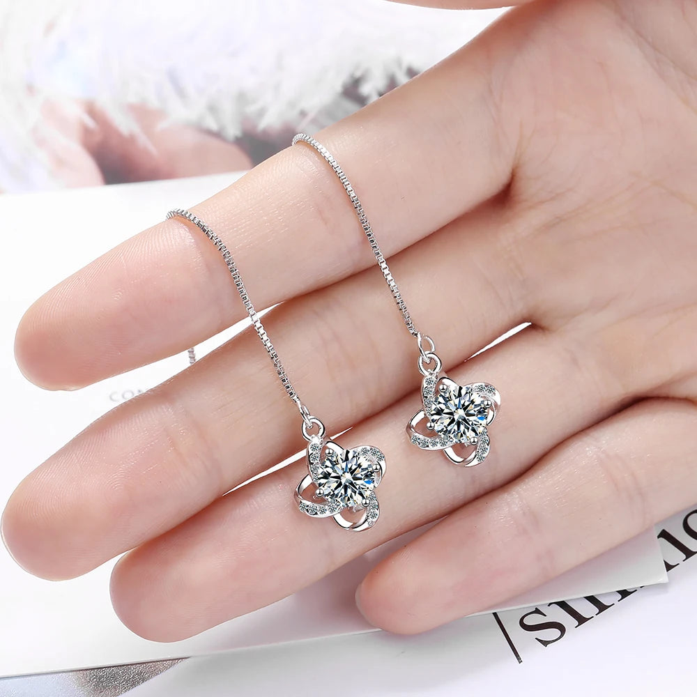 925 silver long Drop Earrings for women with round Pearl Jewelry silver zirconia Women Wedding Party wholesale gift