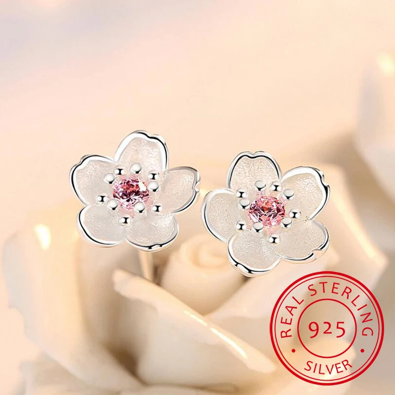 Silver 925 Jewelry Sterling Silver Earrings Cherry Blossom Inlaid Pink Zirconia Ear Studs Simple and Popular Earrings for Women