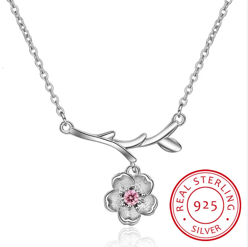 925 Sterling Silver Sakura Flower Necklaces & Pendants Cherry Blossoms With Chain Choker Necklace Jewelry Collar Colar