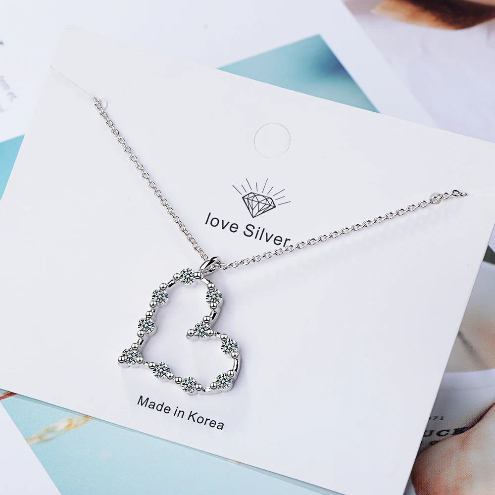 New Arrivals 925 Sterling Silver Chain Necklace Jewelry Rhinestone Heart Necklace Pendant Colgante Pingente De Plata
