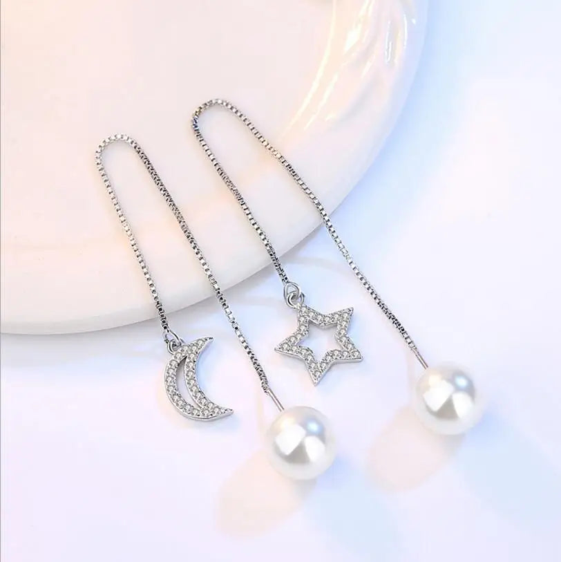 Newest 925 stamp silver color Tassels Earrings Crystal Zirconia Moon Star Pearl Long Drop Earrings  pendientes S-E253