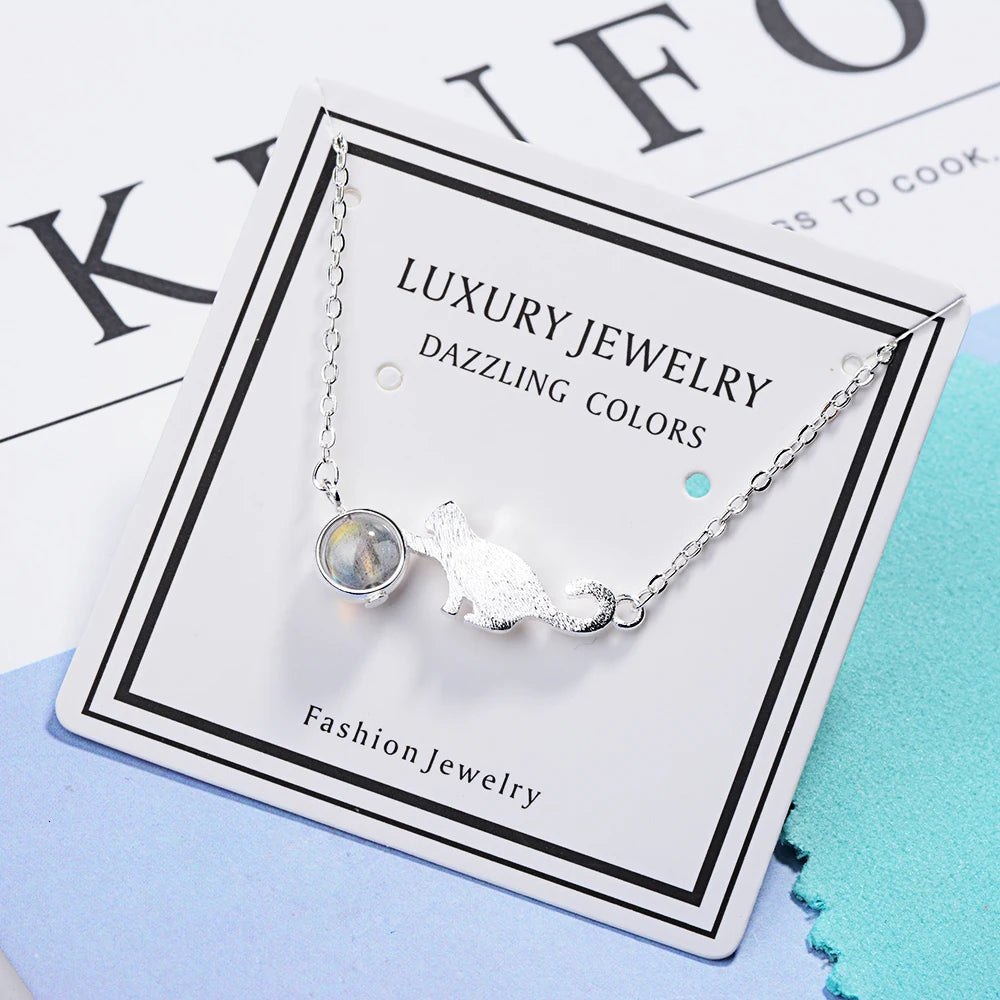 Cbo04 Cat Moonstone Necklace Female Sterling Silver Simple Student Clavicle Chain Female