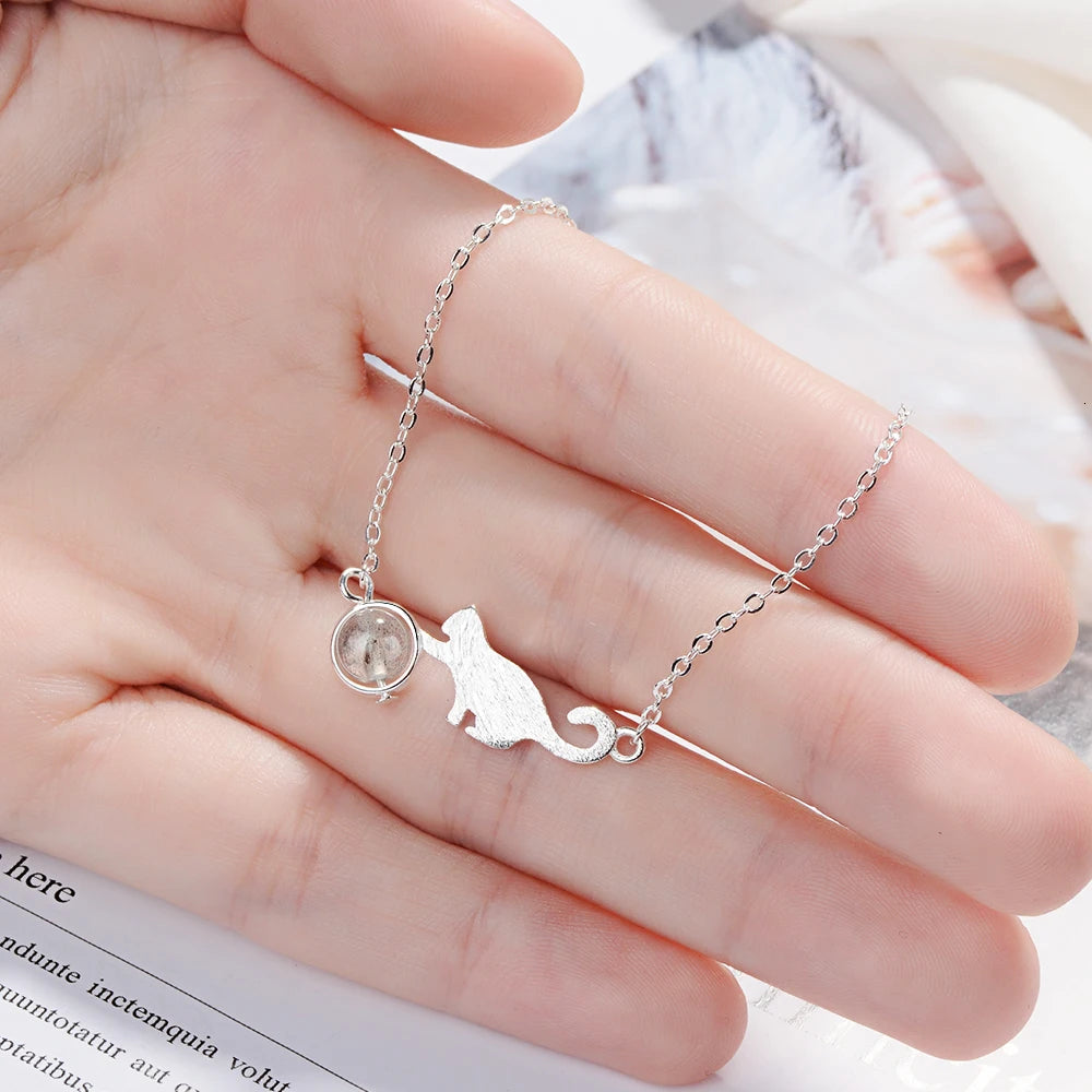 Cbo04 Cat Moonstone Necklace Female Sterling Silver Simple Student Clavicle Chain Female