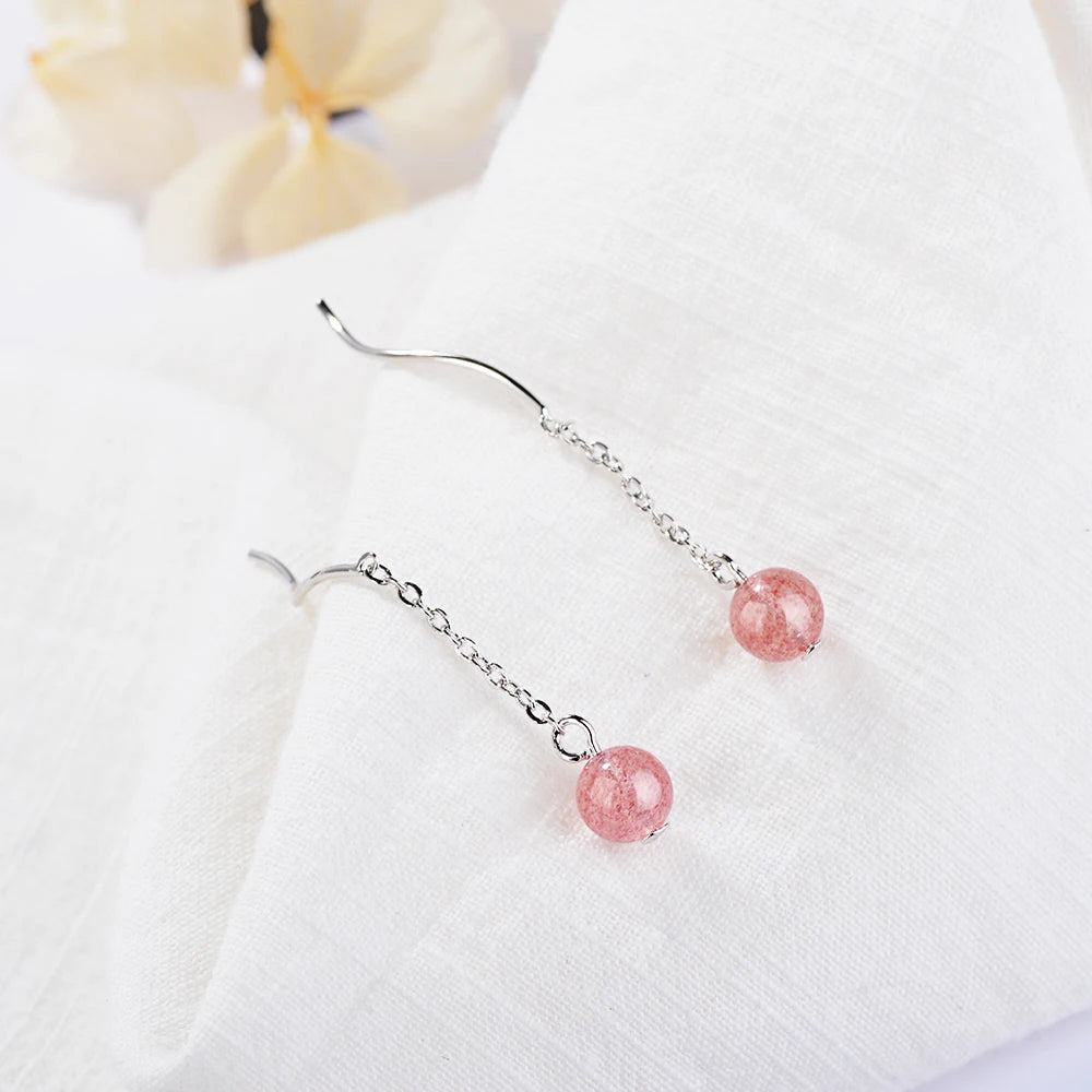 100% 925 Solid Real Sterling Silver Jewelry Strawberry Crystal Silver Beads Drop Earrings For Girl Kid Lady