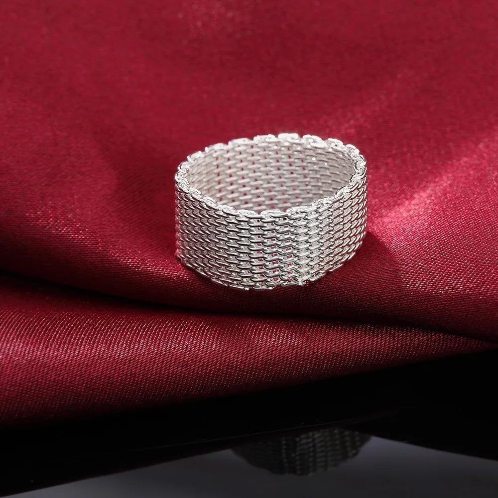 New fashion wide silver ring female Women 925 stamp silver color ring braided mesh ring Personalized silver jewelry wholesale