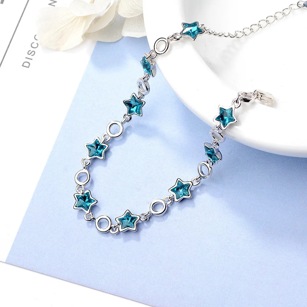 100% 925 Sterling Silver Blue Crystal Star Charm Bracelets For Women High Quality Lady Fashion Party Jewelry