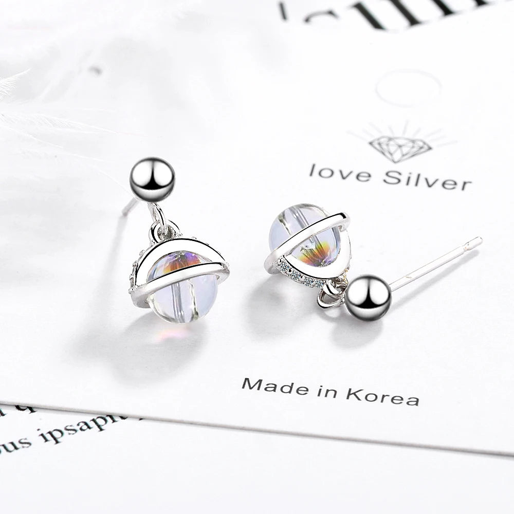 Romantic Planet Earring Real 925 Sterling Silver Design Fine Jewelry Blue Gemstones Moonstone Stud Earring for Women Gift