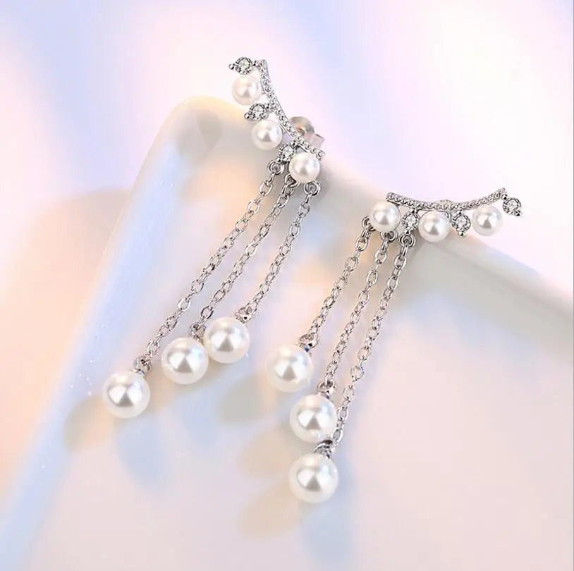 Newest Fashion Elegant Simulated Pearl Zirconia Long Tassel Pendant Drop Earrings For Women brincos S-E247