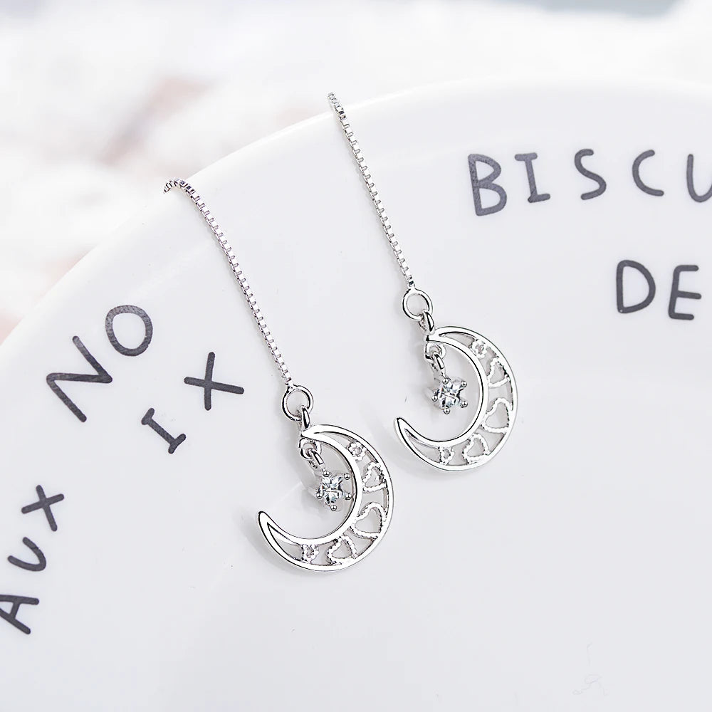 925 stamp silver color Long Zirconia Star And Moon Earrings For Women Girls Christmas Gift Hot Fashion Sterling-silver-jewelry