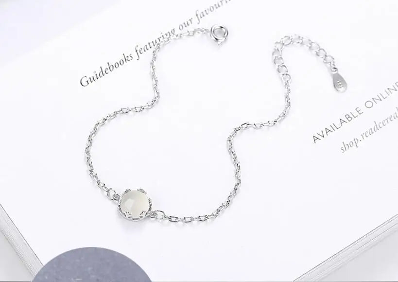 Simple 925 Sterling Silver Chain Bracelets Chalcedony Moonlight Stone Bracelets & Bangles For Women pulseira S-B97