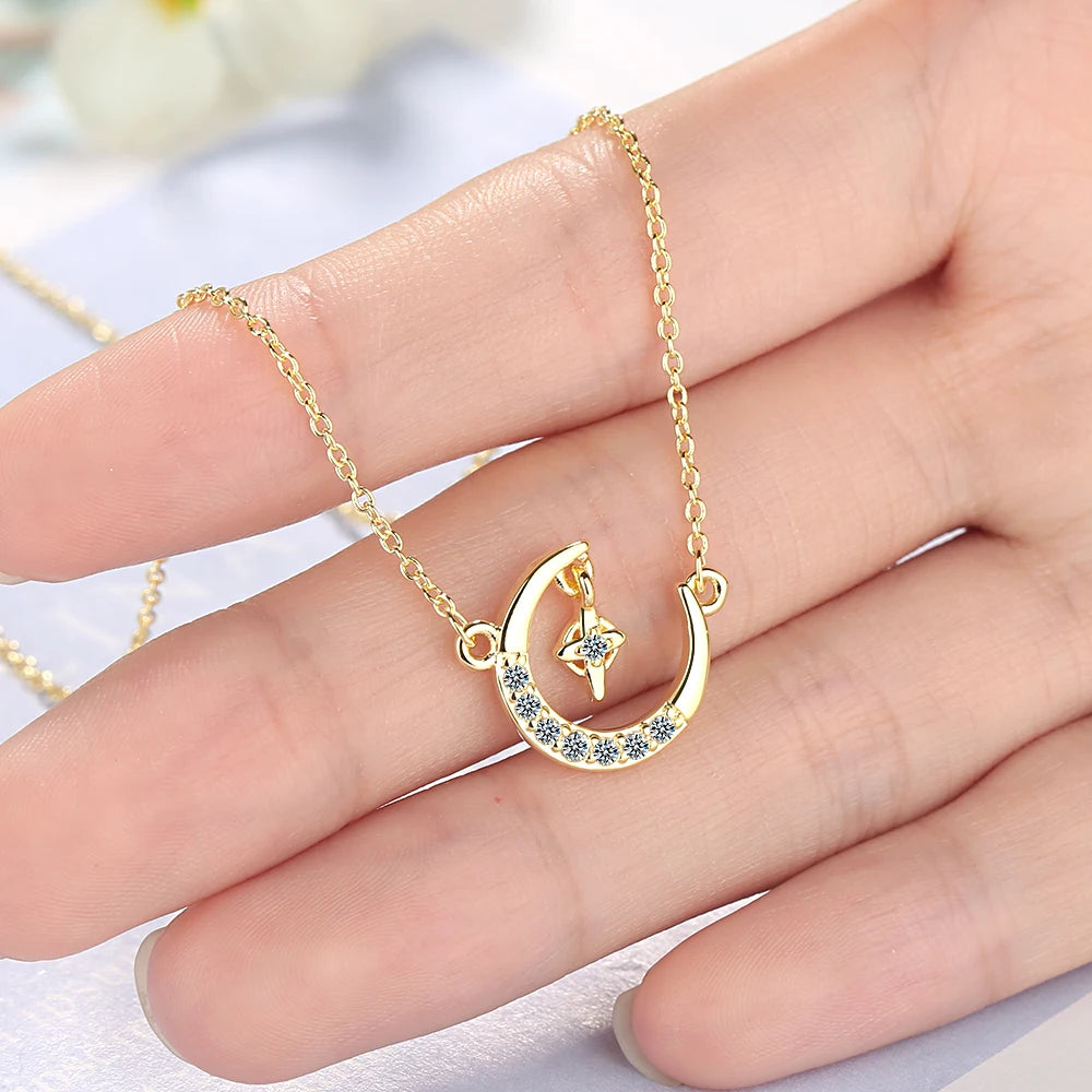 925 Sterling Silver Moon Stars Charm Pendant Necklace for Women Fashion Silver Necklace Choker collier for Lady