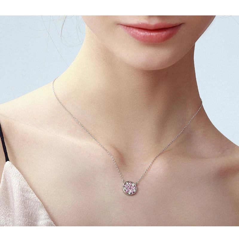 Korean Fashion Style Pink Quartz Silver 925 Jewelry Necklace for Women Luxury Pendant Necklaces Wedding Birthday Gifts